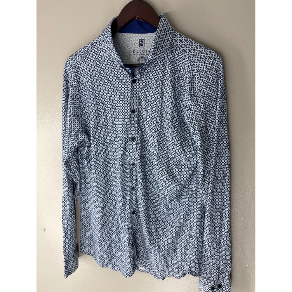 Desoto Mens Blue White Geometric Jersey Knit Cotton Long Sleeve Shirt Size L